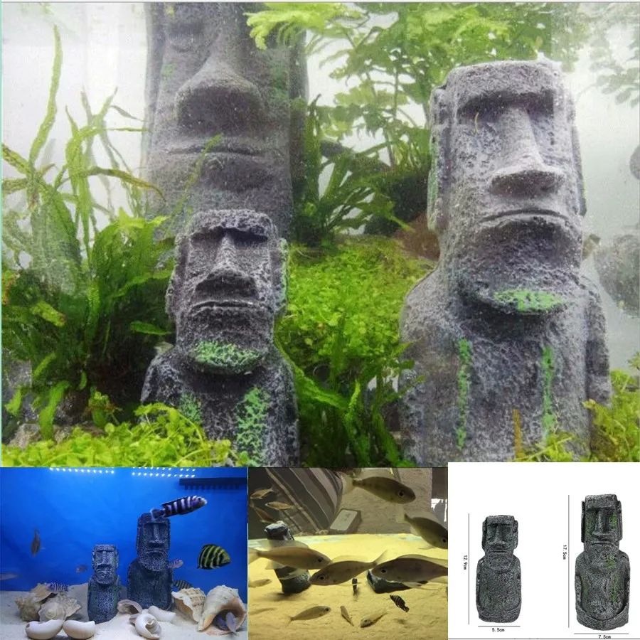 2pcs/set Easter Island Statue Fish Tank Landscape Decor Fish Shrimp