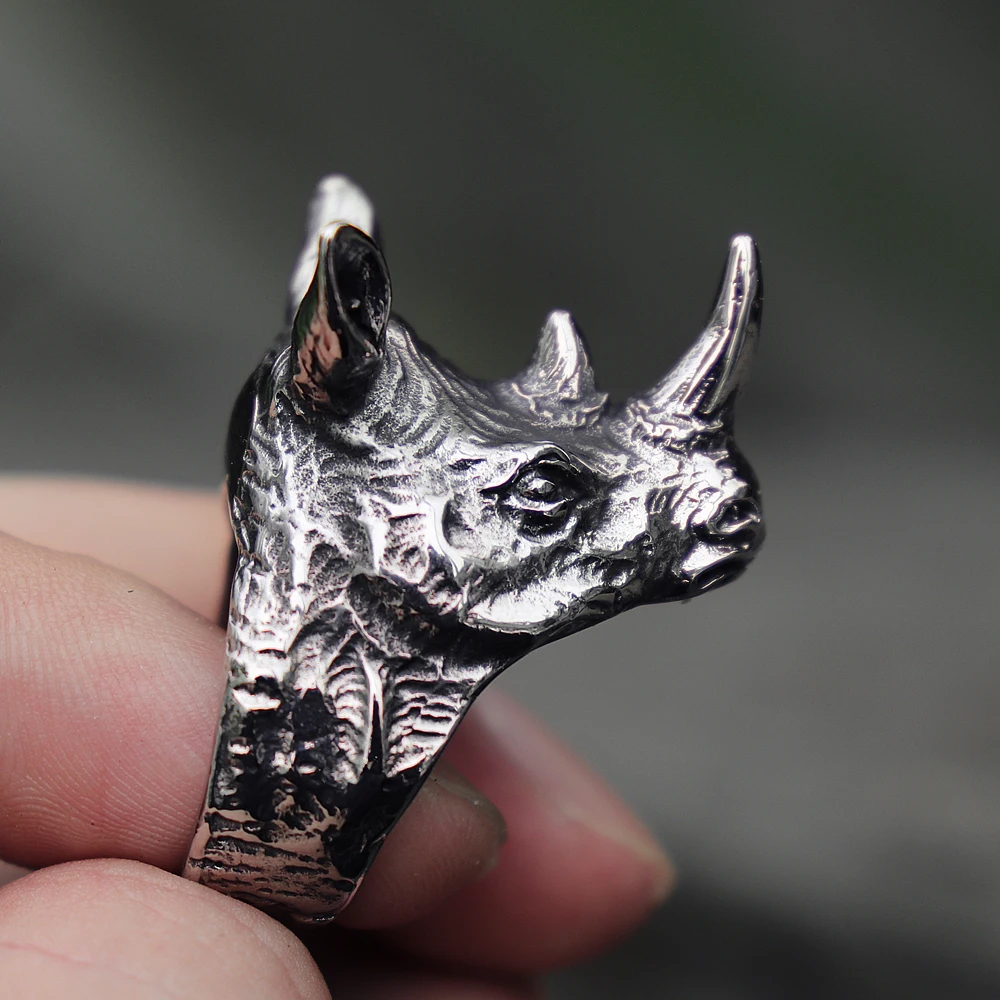 

Detailed Rhinoceros Head Biker Ring Men's Punk Stainless Steel Rings Animal Jewelry