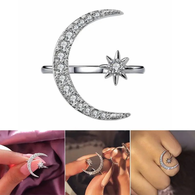 

Moon Star Silver Adjustable Ring Fashion Glamour Women's Choice Jewelry Engagement Wedding Gifts Ornament Accessory