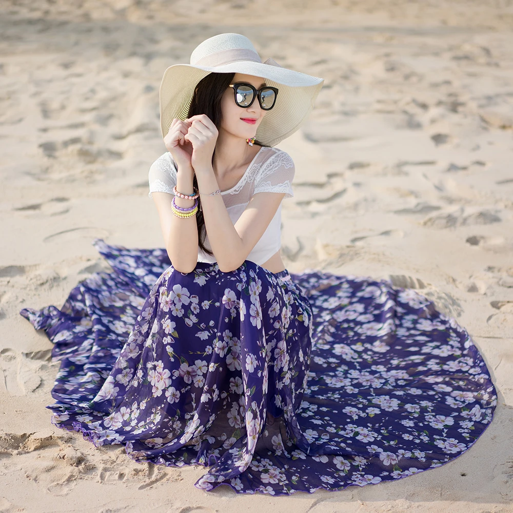

Fashion Plus Size Women Skirts Chiffon Beach Long Skirts Pleated Flower Print Skirt Casual 2017 Spring Summer Sundress