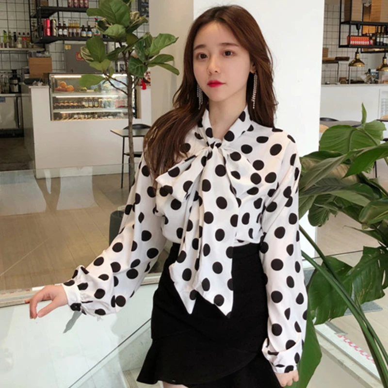 

2019 summer new elegant women blouse polka dot bow long-sleeved chiffon office lady white shirts female outwear tops