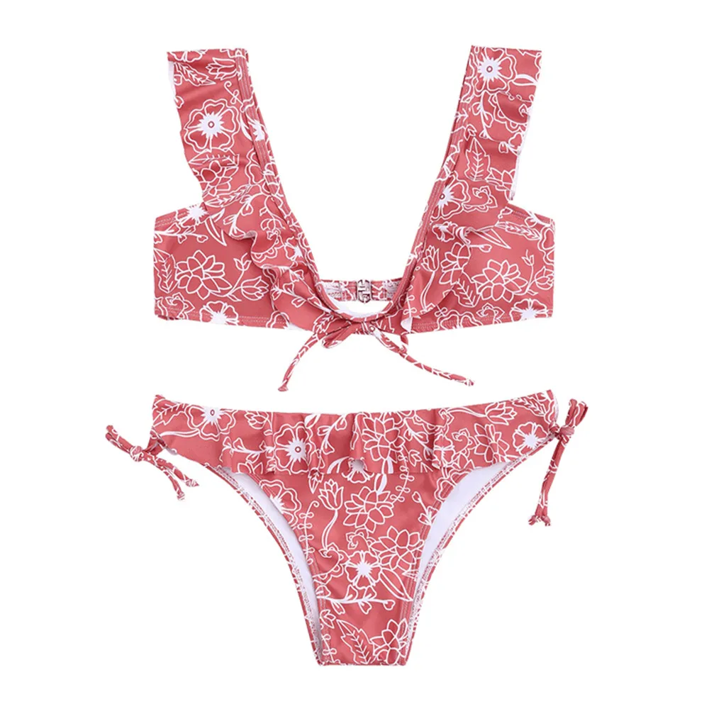 

sexy bikini 2019 printing Flower Camisole Lotus leaf edge Bandage Breast pad bikinis set swimwear women swimsuit biquini mayo