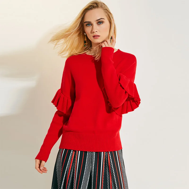 Winter Knitted Sweater Girls Casual Solid Red Long Sleeve Round Neck