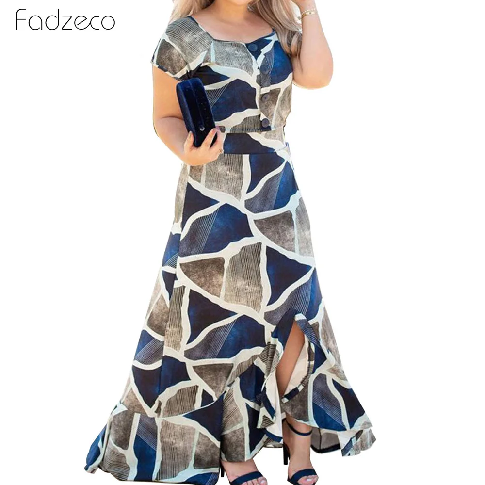 

Fadzeco African Dress For Women Irregular Hem Buttons Print Maxi Dress Dashiki Round Neck Short Sleeve Dress African Clothes