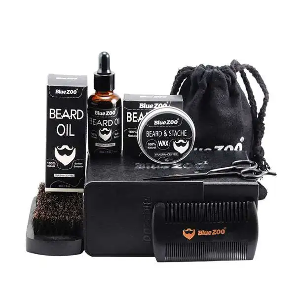 

bluezoo 7pcs/set Men Beard Grooming Kits Beard Oil Mustache Moisturizing Wax Mustache Balm Beard Oil Essence Styling Comb Bear