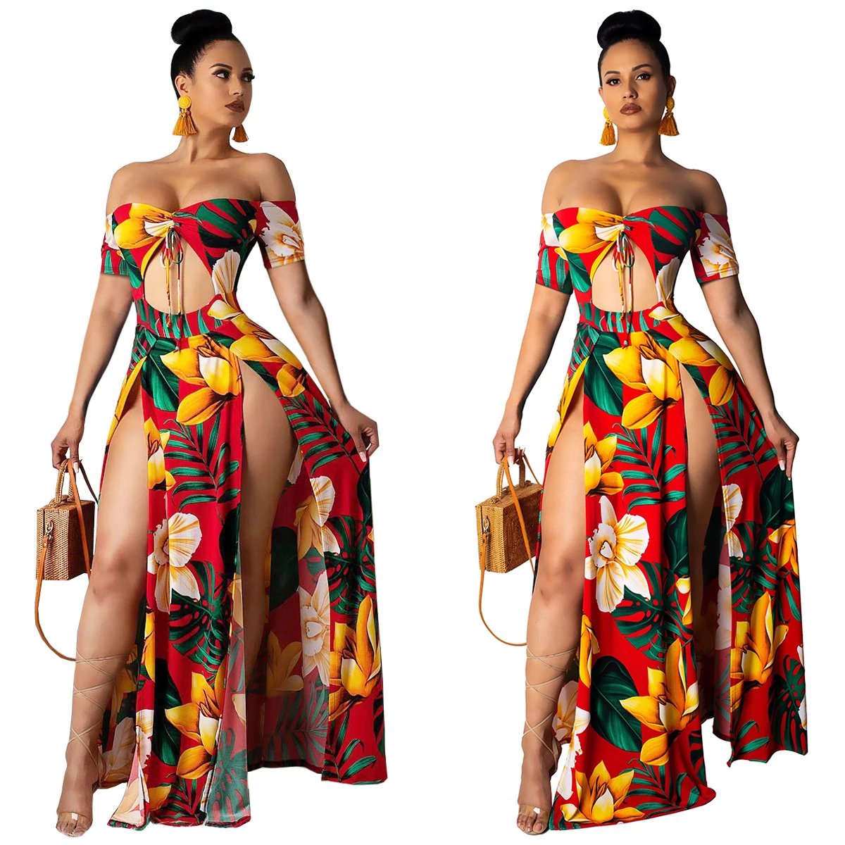 Fashion Women Summer Boho Floral Long Maxi Split Party Beach Dress Sundress