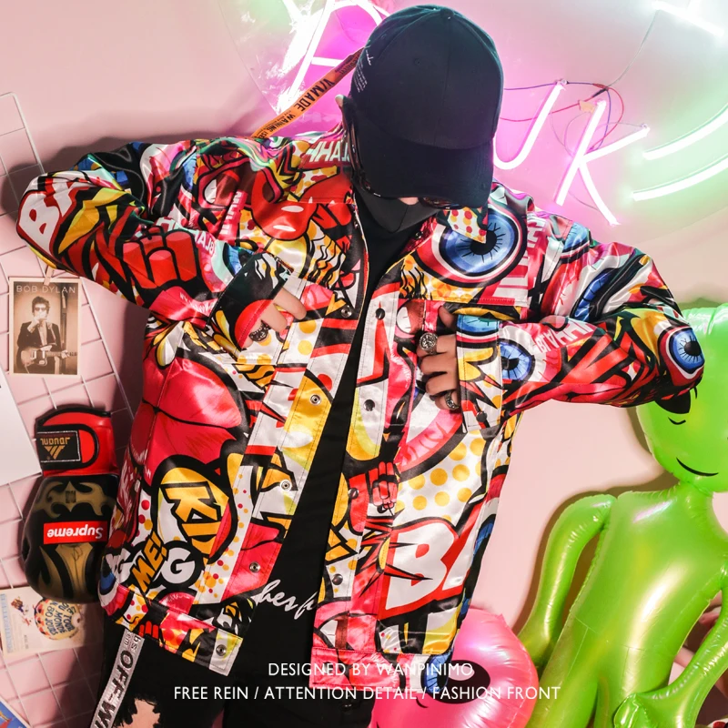 Г. cantente masculino tiene Traje de hip hop ds nuevo estilo noche сатен цвет граффити Chaqueta hombre куртка