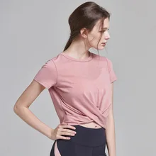 Для женщин топ для занятий йогой Рубашки, Топы розового цвета короткий рукав спортивные топы с О-образным вырезом, футболки тренировки Фитнес Спортивная одежда для тренажерного зала