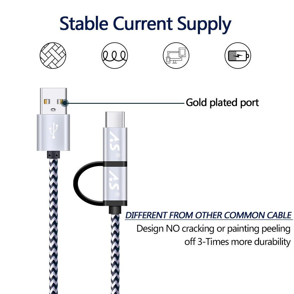 Кабель Micro USB A.S для samsung 2 в 1, кабель usb type C для быстрой зарядки и передачи данных, кабель USB C для телефона Xiaomi 4C Nexus 5X6 P Android