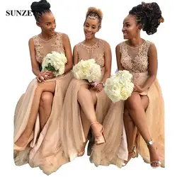 2018 Африканский платья невесты шампанское Тюль Иллюзия лиф аппликации Женское вечернее платье для свадьбы роскошные жемчуг платья robe