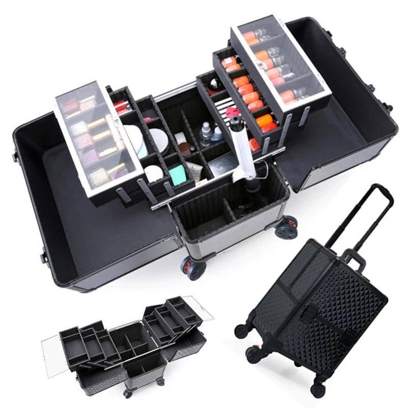 

Aluminum frame PVC Cosmetic Case,Makeup tool Box with wheels,Rolling beauty Suitcase Bag,Large capacity Make-up Trolley Luggage
