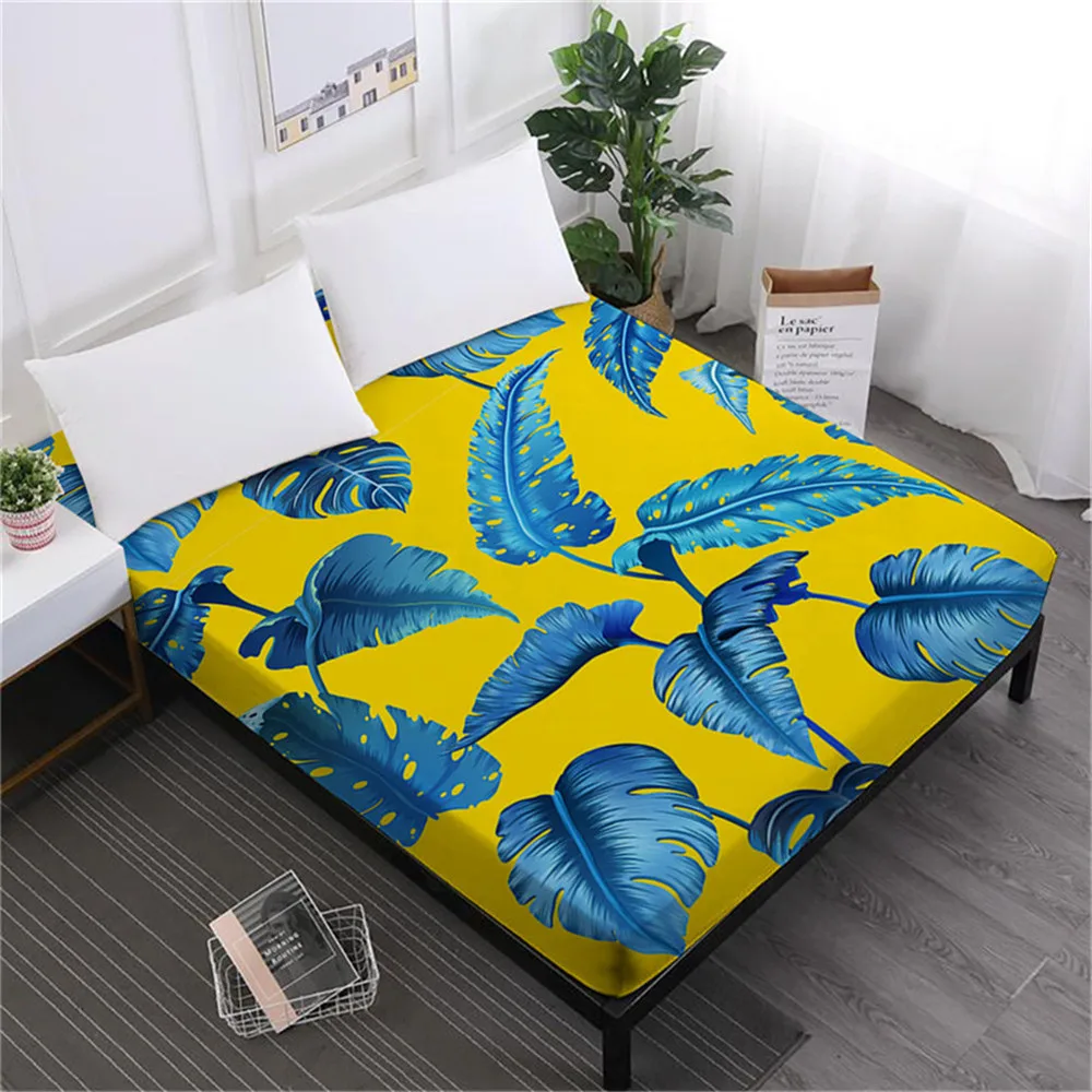 

Blue Green Leaves Bed Sheet Forest Plant Fitted Sheet Deep Pocket Mattress Cover Elastic Band Home Textile D35