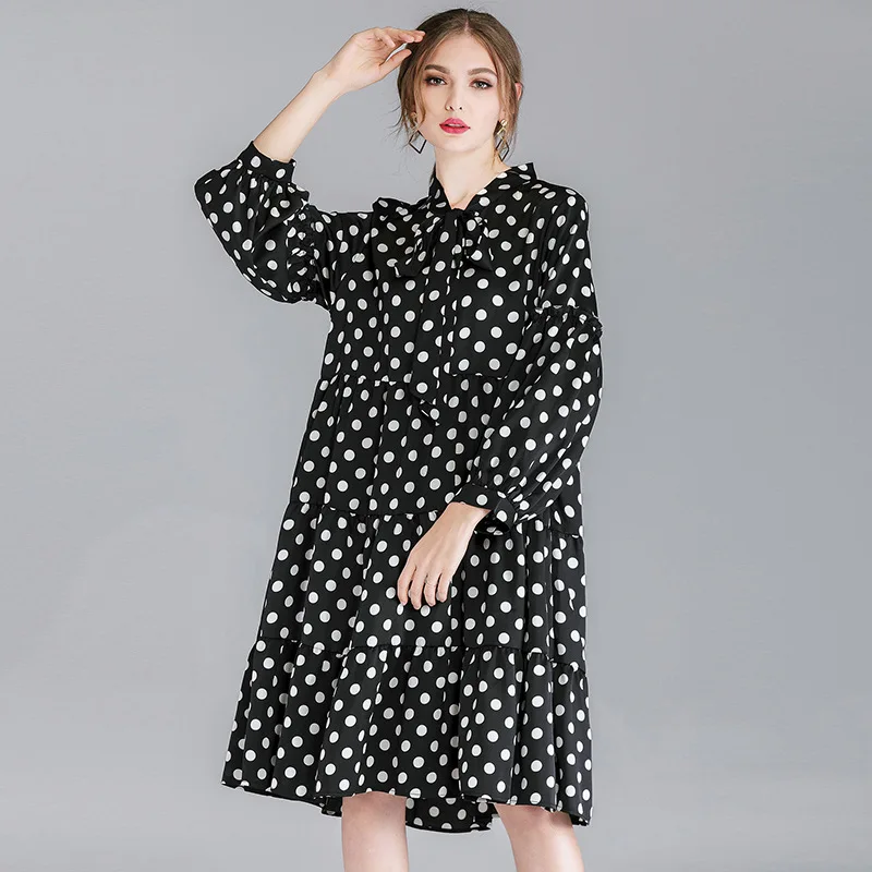 

LANMREM 2019 Women Ruffles Patchwork Pullover Dot Printing Lace-up Bow Collar Chiffon Dress Spring Summer Female Clothes TB120