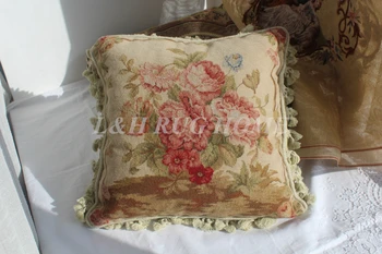 

FREE SHIPPING 15K 18"X18" Needlepoint pillow, hand knotted woolen cushion with floral designs no insertion
