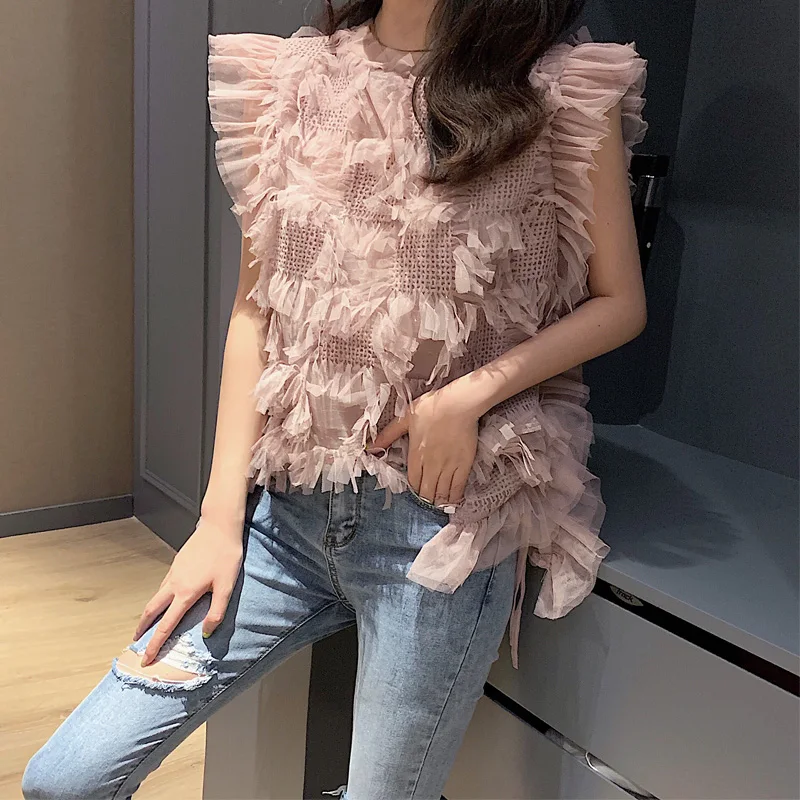 

Lotus Leaf Sleeveless Bottom Shirt Loose Sexy Outside Dressed Top with Mesh Yarn and Sulless Small vest Women's Fashion