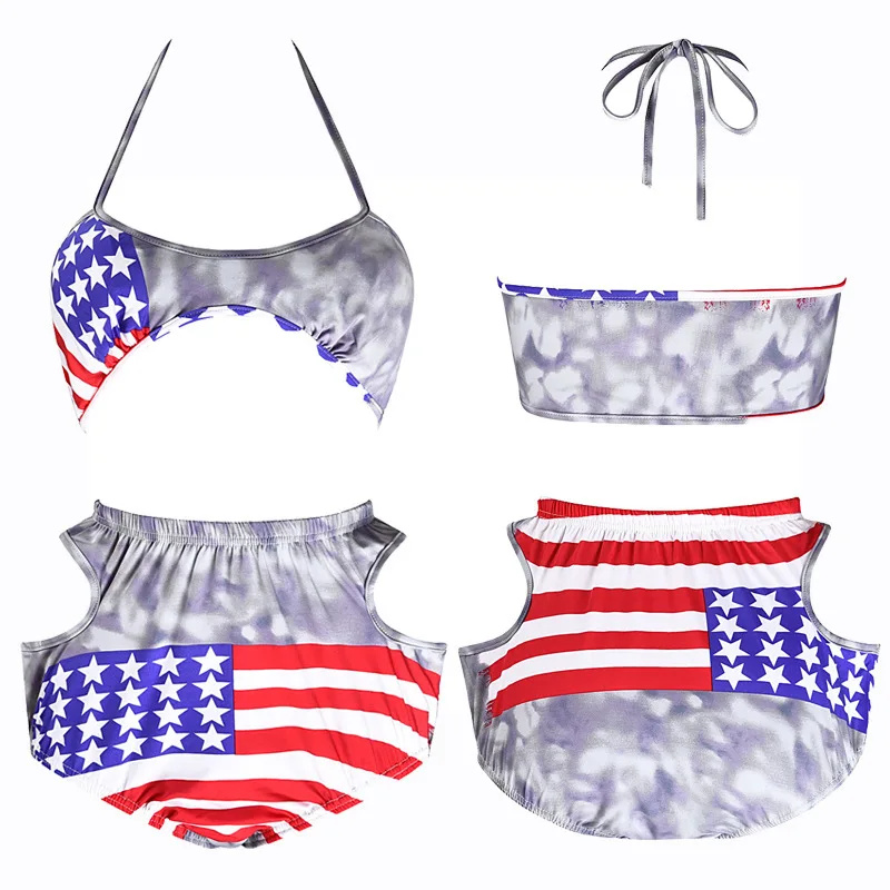 

Summer Europe and America Women's Sexy Bikini Fashion Ladies Split Swimsuit High Waist Flag Small Fresh Swimsuit American Flag