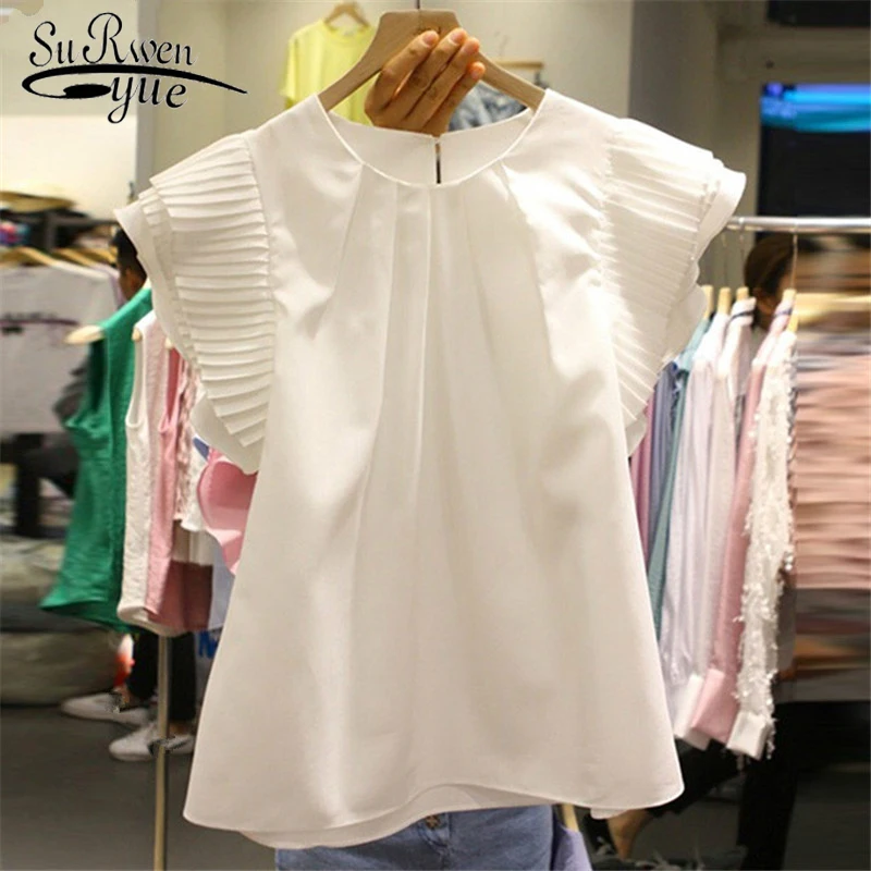 Белая черная Летняя женская блузка с круглым вырезом и коротким рукавом, плиссированные женские блузки, новые корейские модные Свободные повседневные блузки 4300 50 - Цвет: Белый