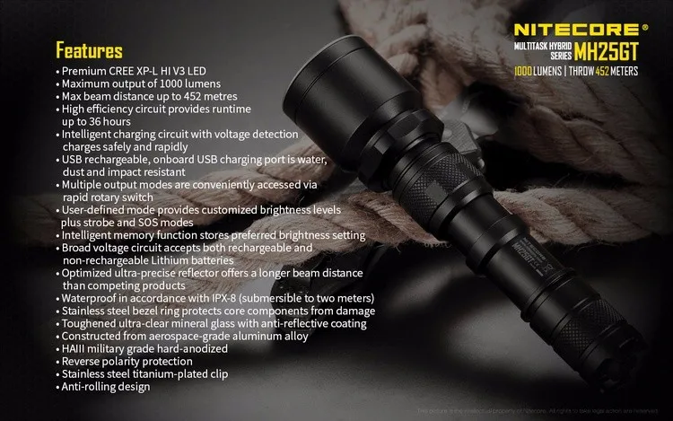 NITECORE MH25GT 1000 люменов CREE V3 светодиодный перезаряжаемый наружный водонепроницаемый фонарик без аккумулятора 18650