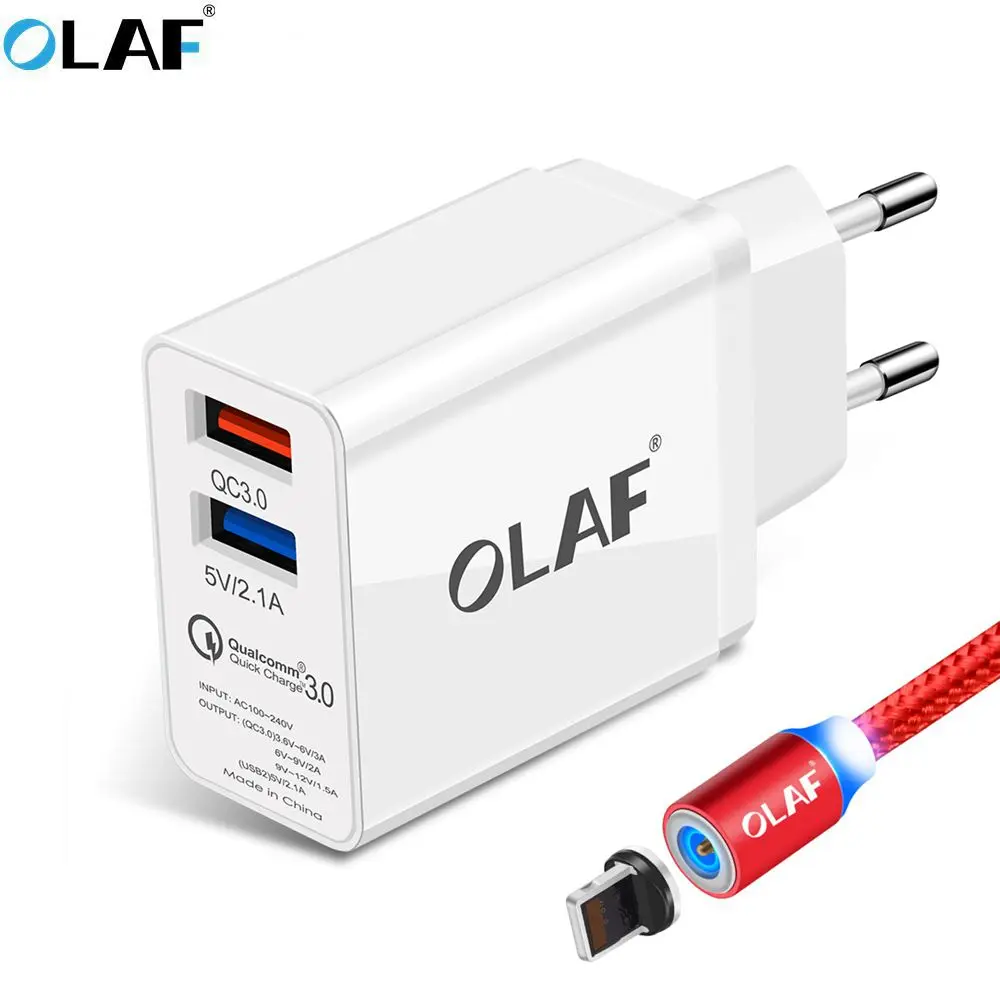 Зарядное устройство OLAF с двумя портами USB, 30 Вт, быстрая зарядка 3,0, зарядное устройство для мобильного телефона, для путешествий, штепсельная вилка европейского стандарта, настенный адаптер, магнитный кабель Micro USB