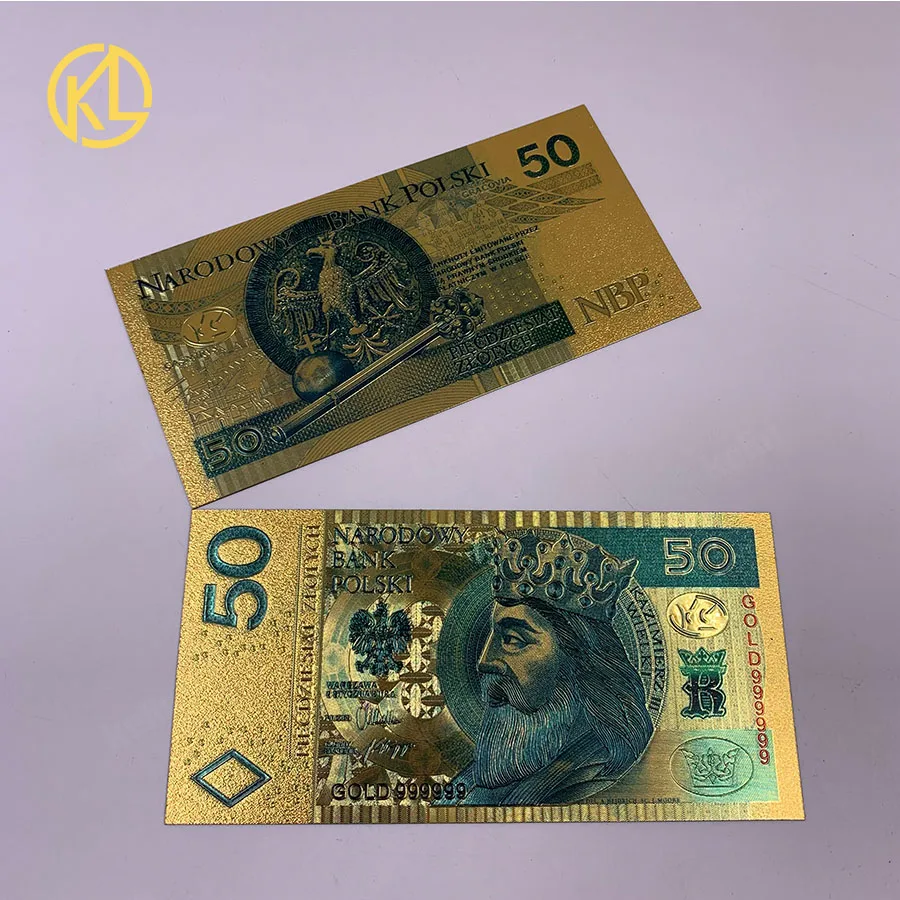 1 pc 50 PLN Colorido Banhado A Ouro Notas Poland Réplica Poland Lembrança de Plástico Falso Dinheiro para presentes e Coleção