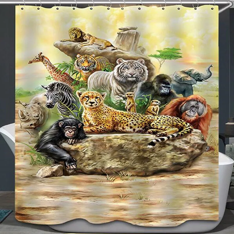 Занавеска для душа с изображением слона тигра, водонепроницаемая занавеска для ванной из полиэстера, 3d занавеска с крючками для ванной комнаты - Цвет: Multi