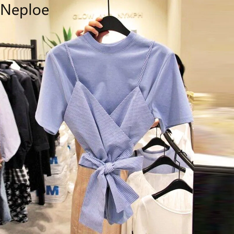 

Neploe 2019 New Korean Women Sets Stripe Bow Tie Camis + Short Sleeve O-neck Solid T-Shirt Summer Women's Two-piece Sets 52871