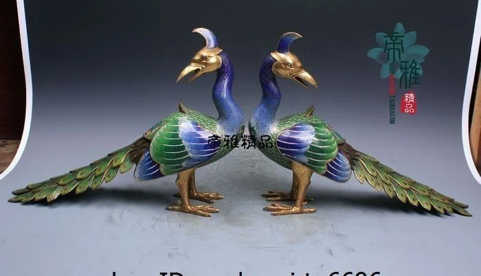 Китайская Бронза Медь cloisonne 24K золото Gild Suzaku Феникс Бог Птица статуя пара