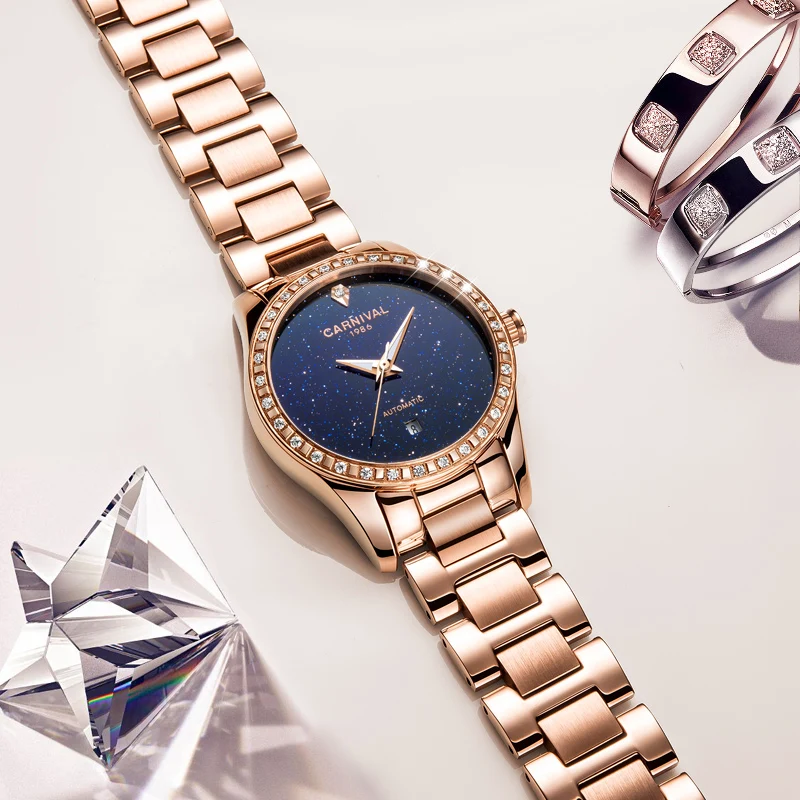 Карнавальный роскошный бренд розовое золото женские часы платье автоматические механические наручные часы сталь Водонепроницаемый девушка часы relogio feminino
