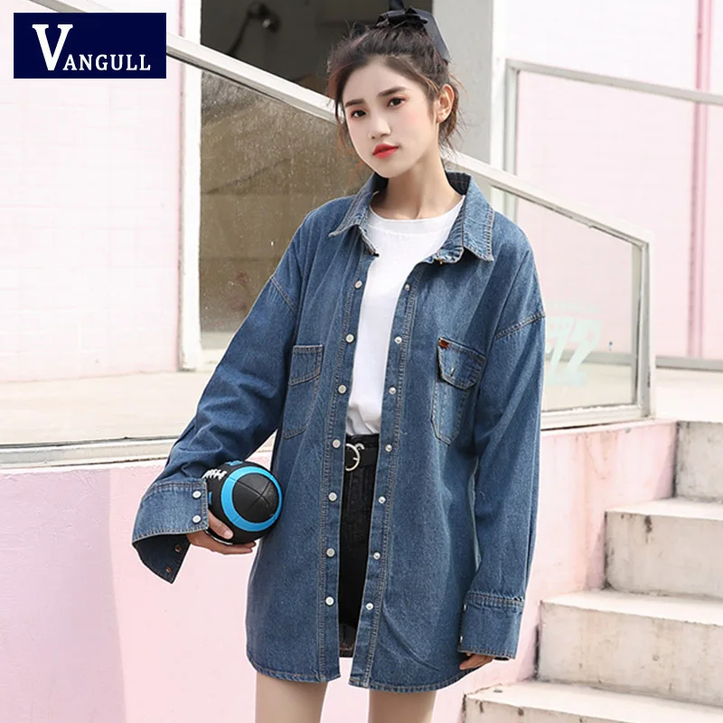 

VANGULL 2019 Spring Ladies Denim Jackets Women Long Sleeve Turn Down Collar Jeans Jacket Basic Denim Coat Long Jeans Outwear New