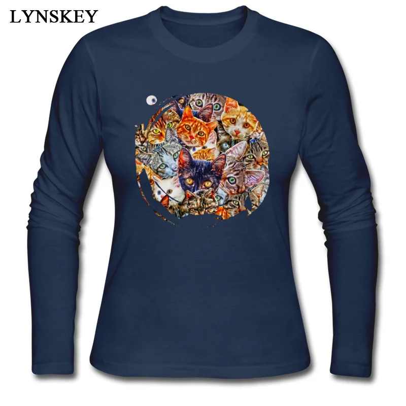 Женские футболки LYNSKEY с круглым вырезом, хлопок, дизайнерские топы с длинными рукавами, футболки, дизайн, повседневная одежда, рубашка с котом, коллаж