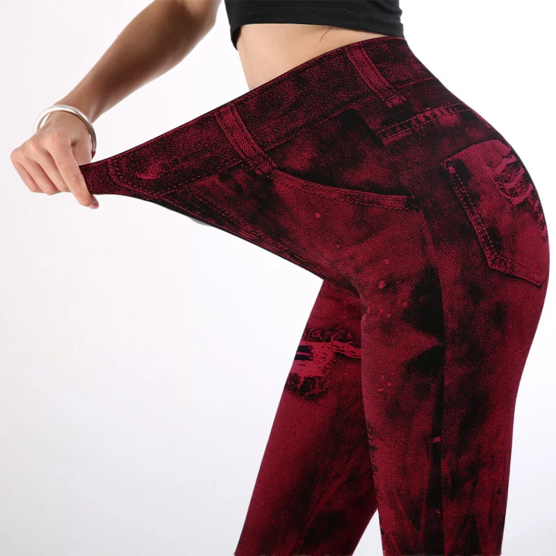 

Seamless Yoga Pants Women High Waist Colorful Print Mock Pockets Leggings Ladies Imitation Denim Skinny Slim Trousers Plus Size