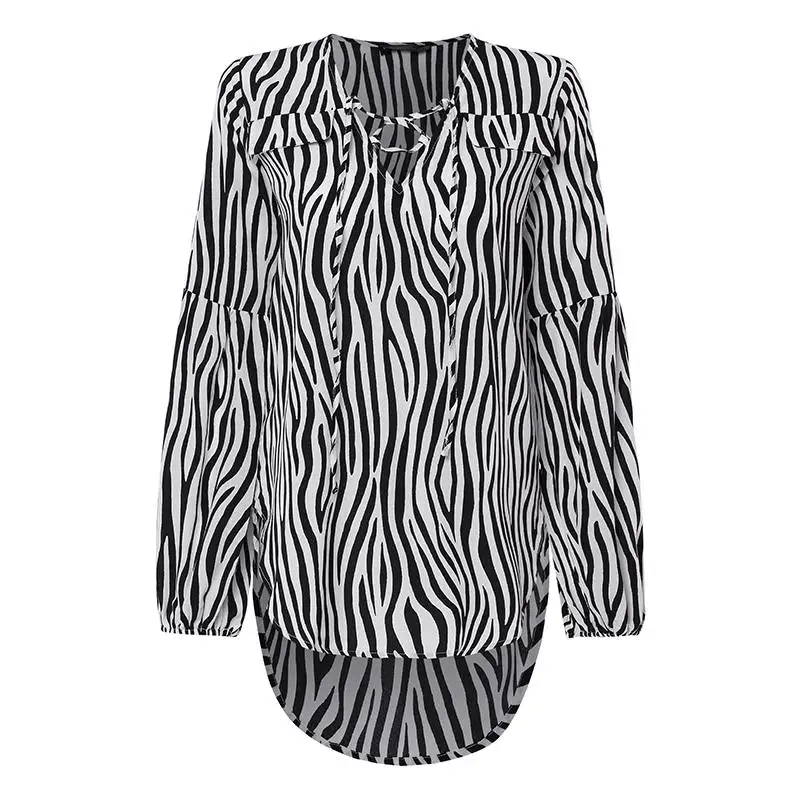 Женские сексуальные рубашки с v-образным вырезом, блузки cellumia, осень, повседневные, с рукавом-фонариком, на шнуровке, рисунок зебры, рабочие топы размера плюс, Blusas Mujer - Цвет: Белый