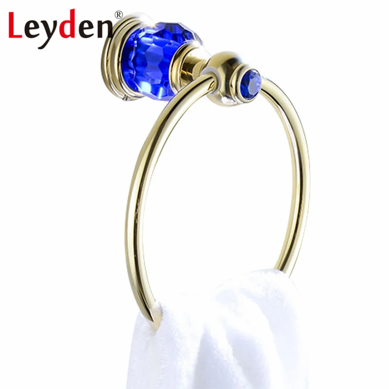 Leyden Luxury Gold Finish Blue Crystal Towel Ring Wall Mounted Ring