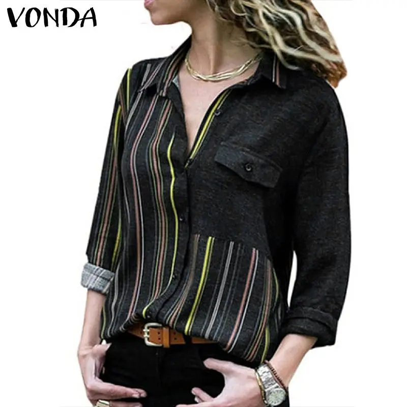  VONDA Oversized Blouse Women Tunic 2019 Casual Buttons Lapel Neck Long Sleeve Striped Shirt Office 
