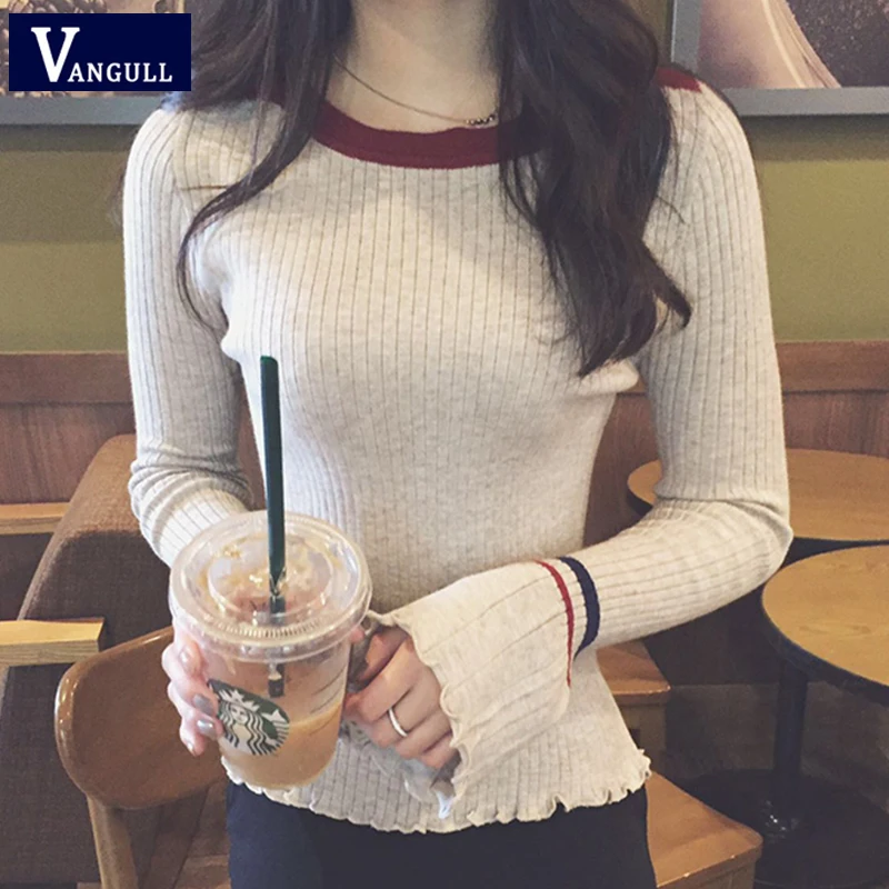 

Vangull Knitted Women Sweaters Autumn Fashion Striped Slash Neck Long Sleeve Female Pullovers Spring Flare Sleeve Short Sweaters