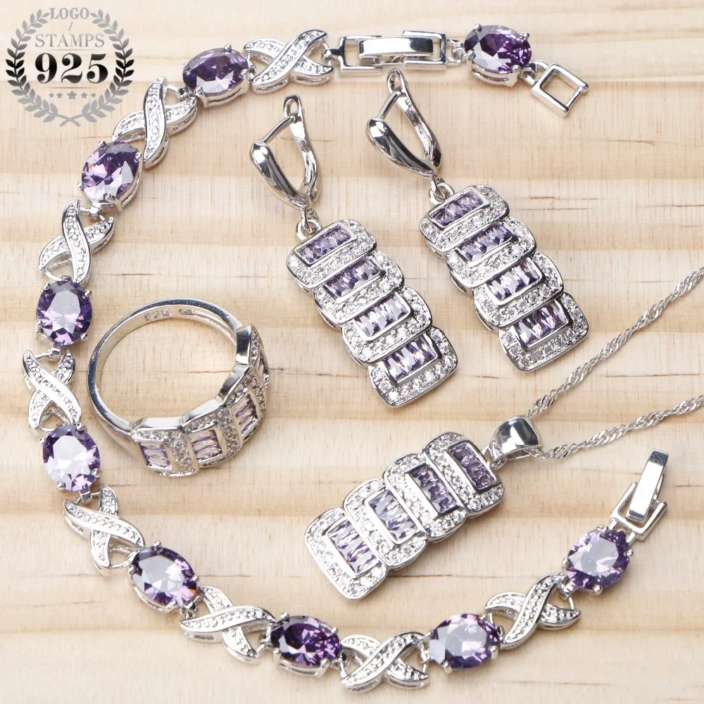 

Bridal Jewelry Sets For Women 925 Sterling Silver Jewelry Purple Zircon Drop Earrings Bracelet Necklace Rings Set Gifts Box