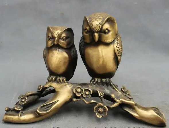 

S5343 10" Chinese Bronze Folk Home Wealth d 2 Owl On Club Tree Statue Sculpture