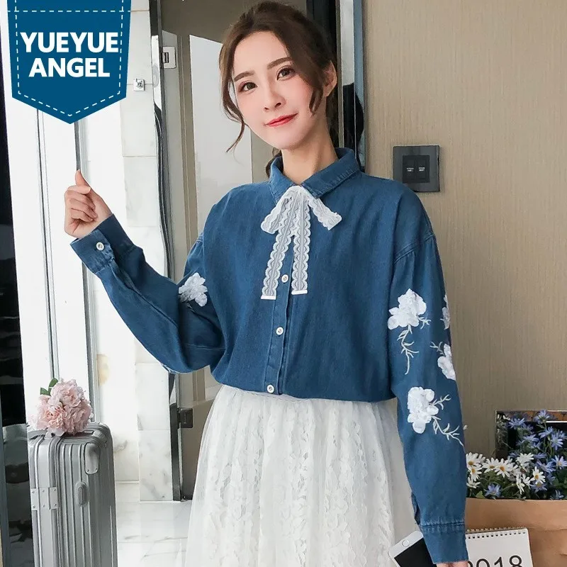 Весенняя Новинка Camisa Feminina Manga Longa вышивка кружево бант на шнуровке повседневные