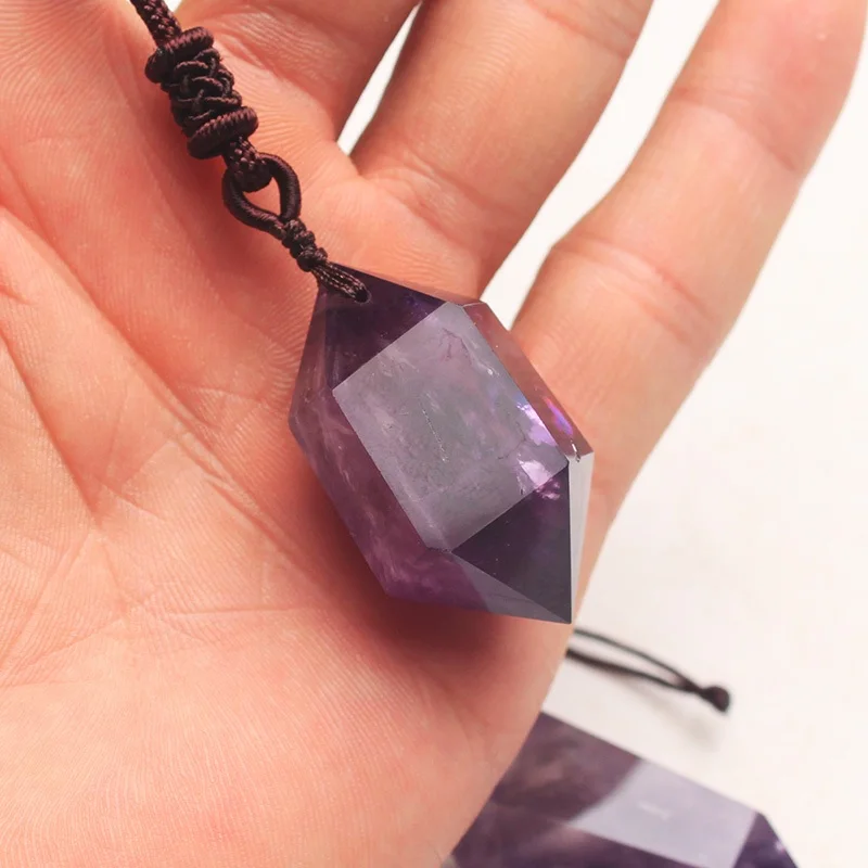 

Natural amethyst twin tip six rhomb energy column pendant amethyst polish sweater chain necklace for men and women