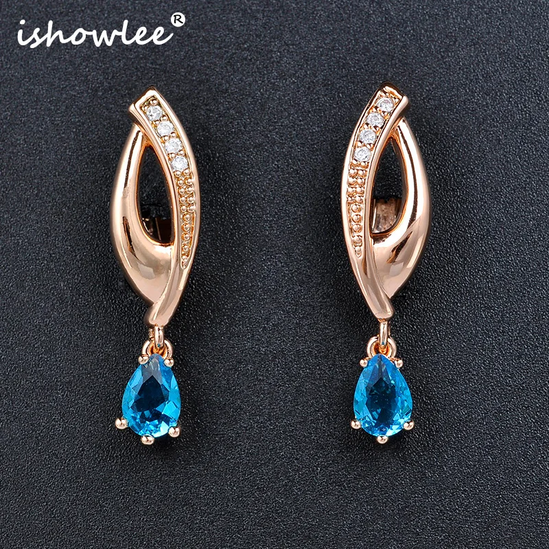 Isholee, синие камни, золото, 585, серьги для женщин, инкрустированная установка, 585, розовое золото, серьги, Мода, корейский, свадебные ювелирные изделия esp46