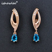Isholee, синие камни, золото, 585, серьги для женщин, инкрустированная установка, 585, розовое золото, серьги, Мода, корейский, свадебные ювелирные изделия esp46