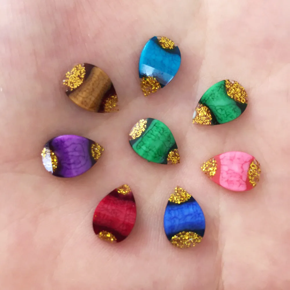 

New 50pcs resin 8*12mm shiny gold dust teardrop Flat back stone bead Scrapbook DIY Wedding ornaments buttons craft PW00
