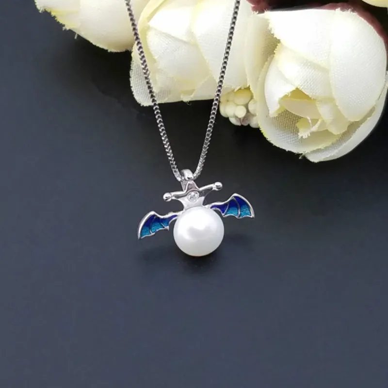 

100% Authentic 925 Sterling Silver Statement Necklace Mini Bat With Pearl Pendant Necklaces Choker Necklace Fashion Jewelry