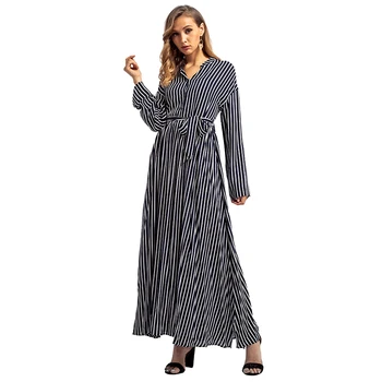 

2018 Autumn Women Muslim Stripe Maxi Dress Long Sleeve Abaya Shirt Dress Robe Gowns Middle East Ramadan Arab Islamic Clothing
