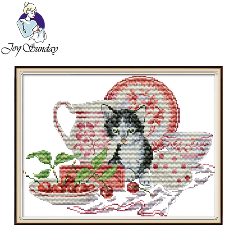 

Joy Sunday,Cat And Porcelain,animal pattern cross stitch embroidery set,printing cloth embroidery kit,cross stitch needlework