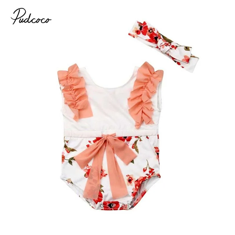 

2019 Brand Newborn Infant Baby Girls Floral Clothes Bodysuit Headband Sleeveless Lace Ruffel Bandage Playsuit Outfit Princess