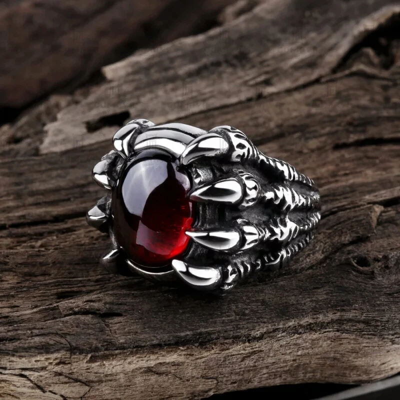 WAWFROK Fashion Stainless Steel Skull Rings Women Ring Silvery Ring Man's Popular Punk Red Jewelry Claw Finger Circle R-128