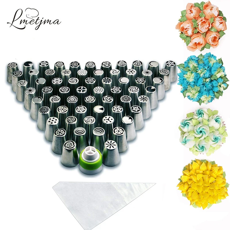 

LMETJMA Russian Piping Tips Set Stainless Steel Flower Russian Icing Piping Nozzles Tips With Reusable Silicone Bag KC0142