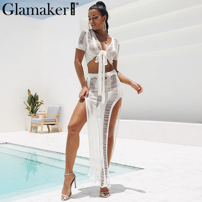 Glamaker, белое, с вырезами, сексуальное платье для женщин, с бантом, с бахромой, прозрачное, макси, Пляжное платье, длинное, из двух частей, костюм, облегающее платье