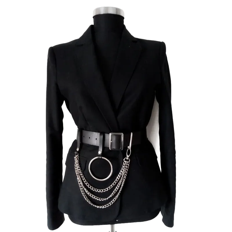 Модные женские черные кожаные поясной ремень Готический мульти звенья цепи большое кольцо женский пояс Повседневная Пряжка длинные широкие Cinturones